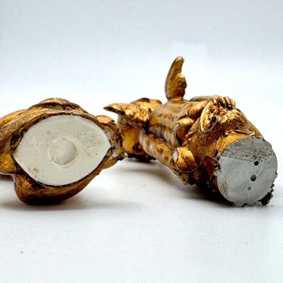 Gold Cherub Angel Figurines Set Of 2 Playing Flute Sitting On Rock Resin Vtg - Picture 10 of 10